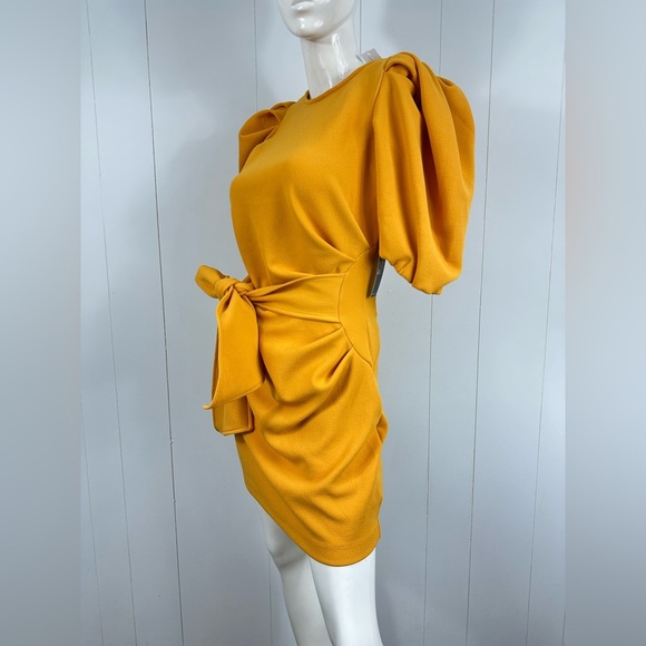 NWT New York & Company Yellow Sheath Dress Size Small Puff Sleeve Bow Detail - Picture 9 of 11